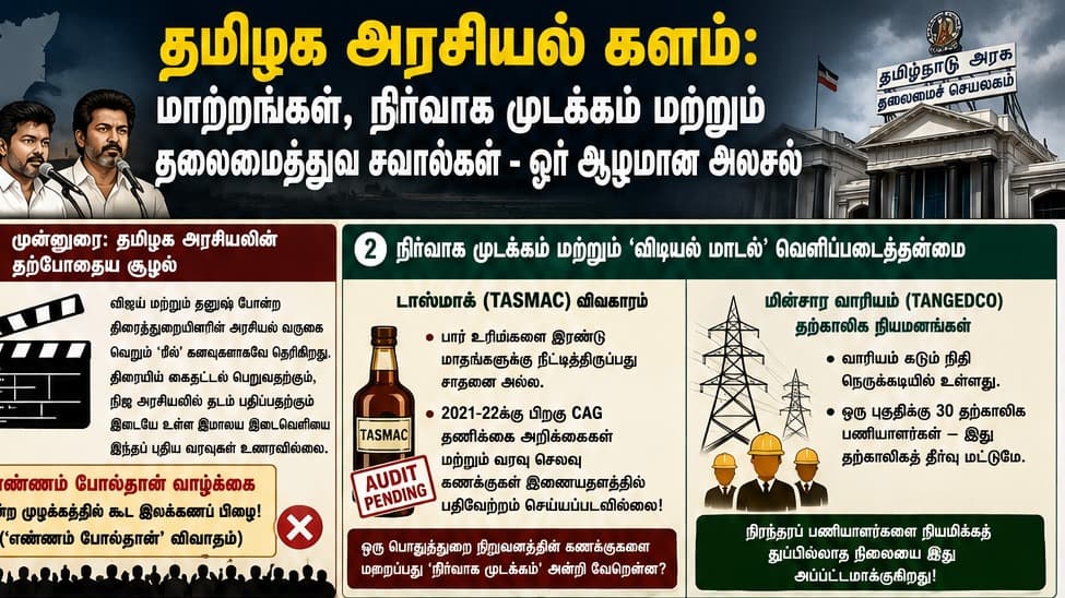 தமிழக அரசியல் களம்: மாற்றங்கள், நிர்வாக முடக்கம் மற்றும் தலைமைத்துவ சவால்கள் - ஓர் ஆழமான அலசல்